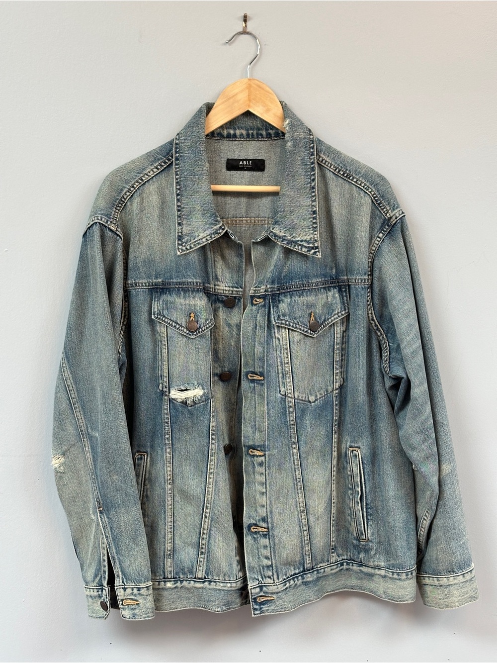 ABLE Distressed Denim Jacket 2X Oversized Vintage Wash